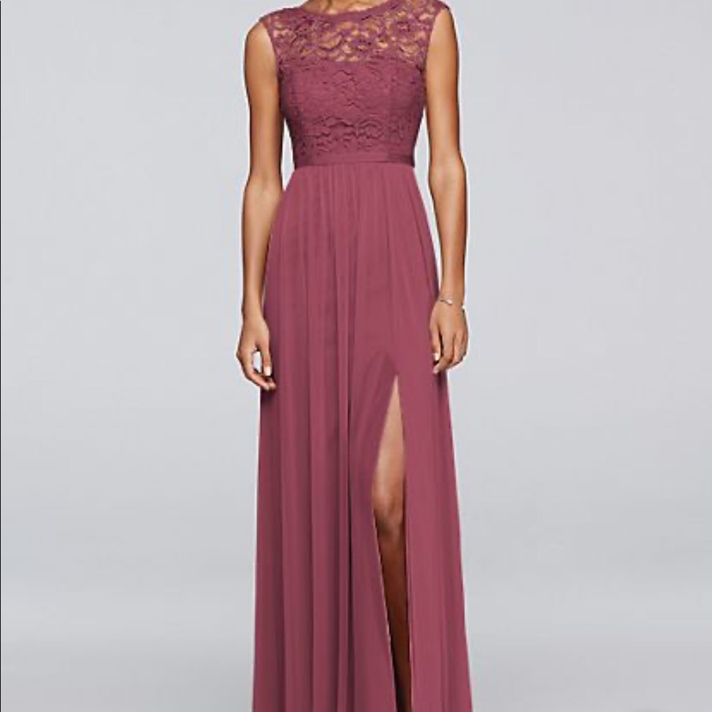 David’s Bridal Lace Bodice Long Bridesmaid Dress